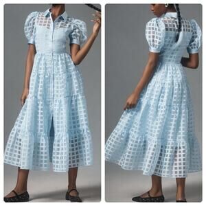 Anthropologie Light Blue Checkered Midi Dress